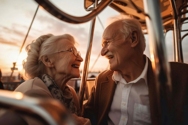 Senior couple enjoying a Ferris wheel looking and smiling each other at sunset Generative AI