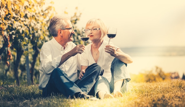 Senior couple enjoying red wine outdoors