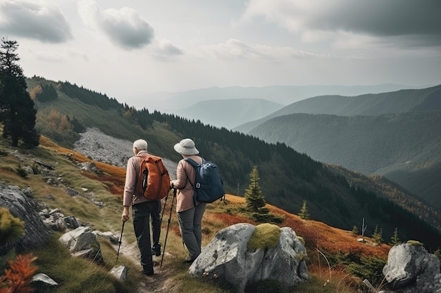 Senior couple hiking in mountains Elderly tourists with bikepacks travelling Generative AI