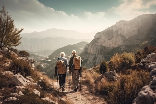 Senior couple hiking in mountains Elderly tourists with bikepacks travelling outdoor Generative AI