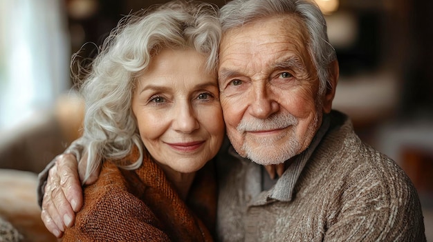 Senior Couple Hugging Each Other At Home Showing Love And Warmth