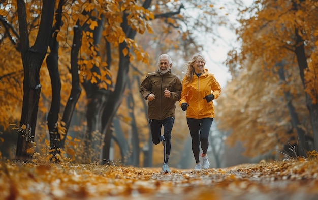 Senior Couple Jogging Through Autumn Forest on a Cloudy Day