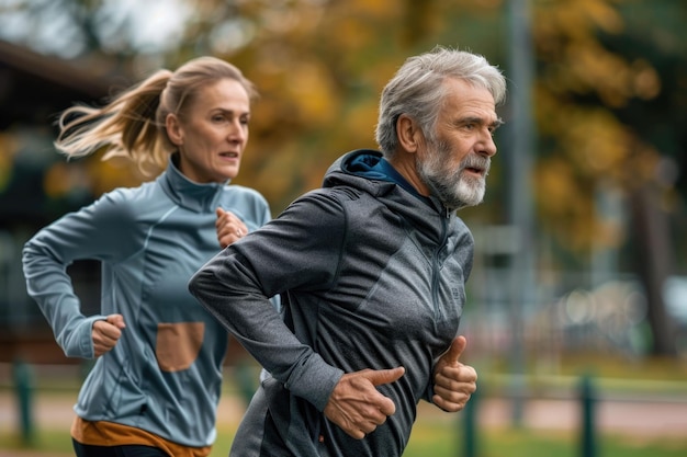 Senior couple jogging together in park for exercise and health