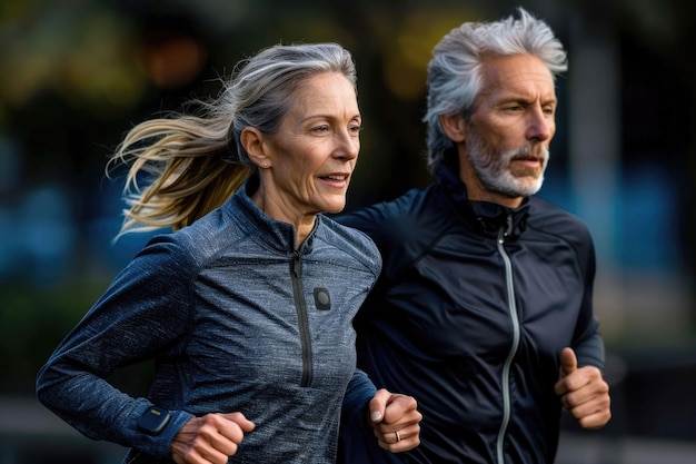 Senior couple jogging together in park for exercise and health