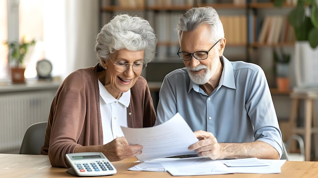 Senior couple managing their retirement budget with documents and calculator realistic