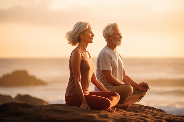 Senior couple meditating on the beach at sunrise Senior couple doing yoga on the beach