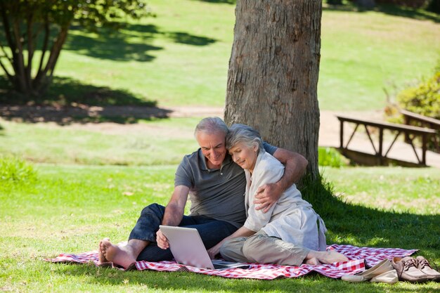 Senior couple  picnicking in the garden 