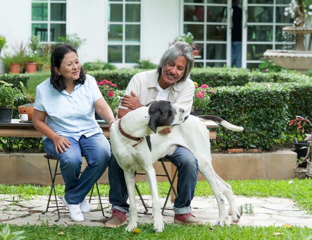 Senior couple playing with big dog in home garden.