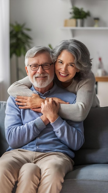 Senior couple portrait love and hug in relax home living room bonding in safety security and trust