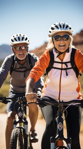 Senior couple riding bicycles together on a scenic route