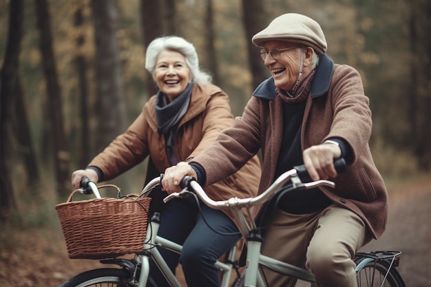 Senior couple riding bikes in the forest