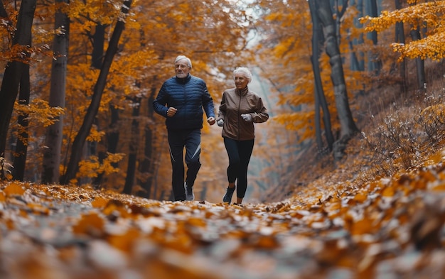 Senior Couple Running Through Autumn Forest Path