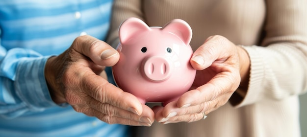 Senior couple s hands holding pink piggy bank shared commitment to retirement savings