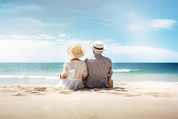 Senior couple sitting at the beach in sunny day from behind Generative AI