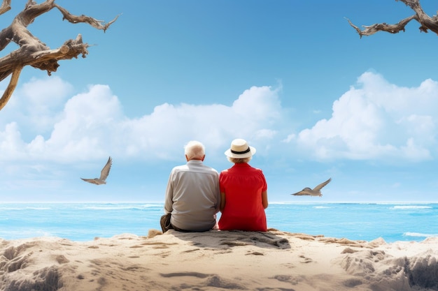 Senior couple sitting at the beach in sunny day from behind Generative AI