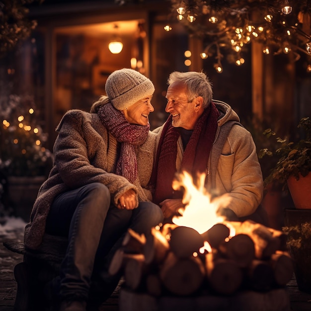 Senior couple sitting and heating together