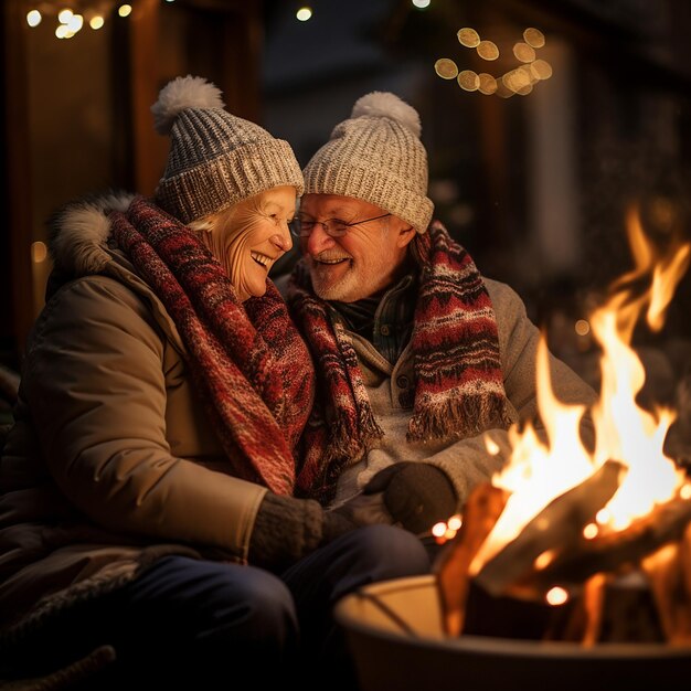 Senior couple sitting and heating together