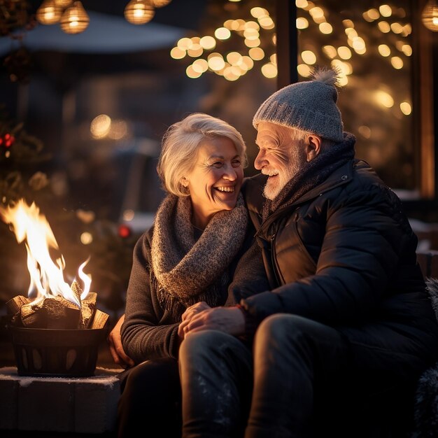 Senior couple sitting and heating together