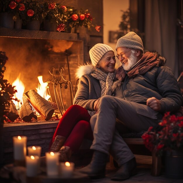 Senior couple sitting and heating together