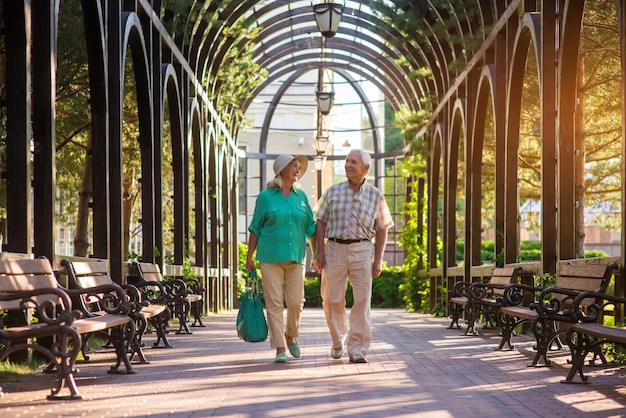 Senior couple smiling and walking elderly people hold hands time cant break unity one more summer to