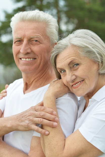 Senior couple in summer park on green background