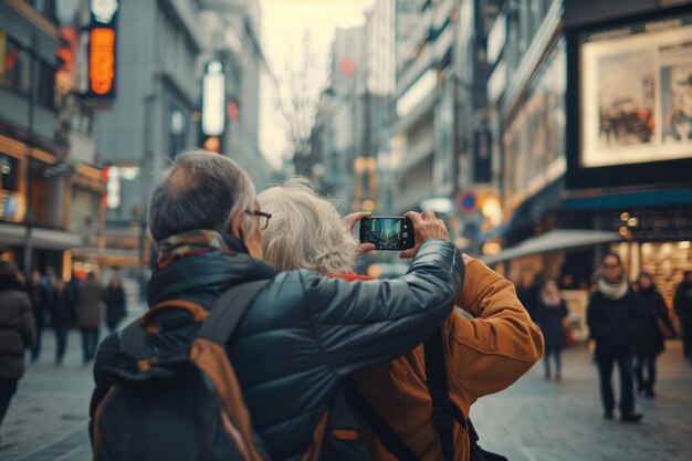 Photo a senior couple takes a selfie in an urban street displaying togetherness and adventure