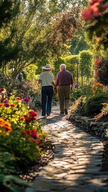 Photo senior couple taking a leisurely stroll in garden