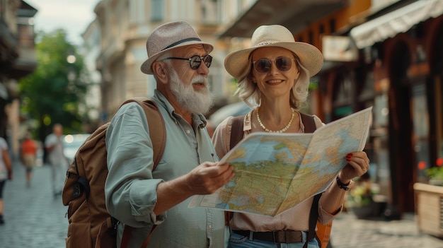 Senior couple tourist with map on the streets of the city Ederly family Walking in town