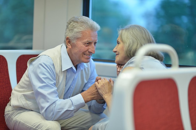 Senior couple in train sitting and holding hands