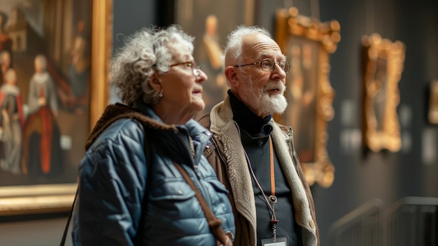 Senior couple viewing paintings in a museum Older couple with audio guides looking at classical artwork in an art museum gallery setting