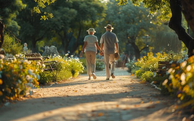 Photo senior couple walking handinhand on a park path