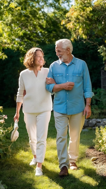 Senior couple walking and happy in garden for love retirement and support for date together