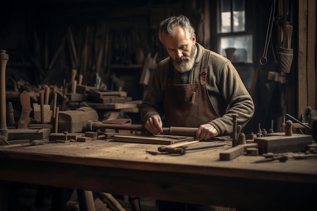 Senior craftsman working in his workshop Selective focus on the hands