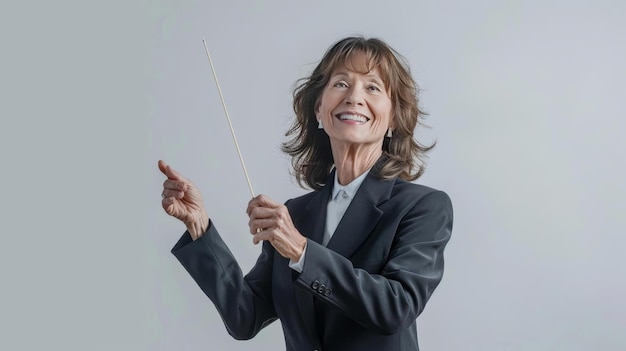 A senior in a dark navy suit is smiling and standing with her hands open to the front