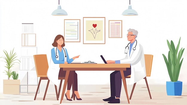 Photo senior doctor consulting patient at wooden table in clinic