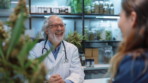 A senior doctor warmly engages with a patient in a bright plantadorned consultation room exuding compassion and professionalism