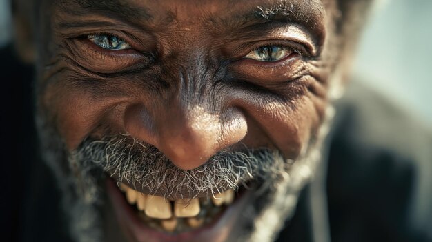 Senior elderly homeless african american black man smiling to camera with his bad teeth