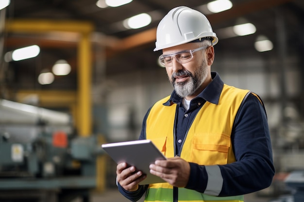 Senior Engineer in Hardhat Utilizing Tablet on Construction Site