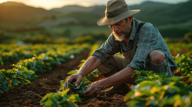 senior farmer working in field