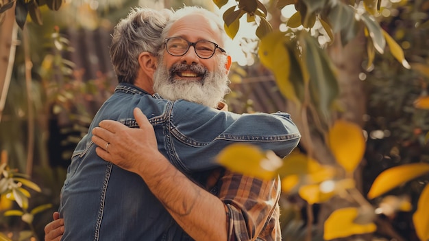 Senior father hugging adult hipster son having a happy feeling together