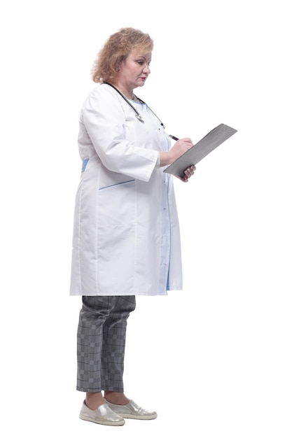 Senior female doctor with clipboard isolated on a white