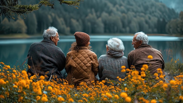 Senior Friends Sharing Peaceful Moment Overlooking Serene Lake