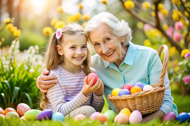 Senior grandmother and granddaughter with Easter eggs