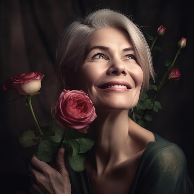 Senior Grandmother Smiling with Flowers