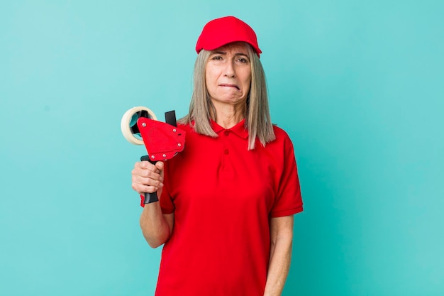 Senior gray hair woman looking puzzled and confused packer employee concept