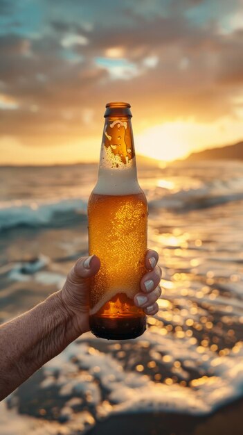 Senior hand holding a beer bottle on the beach on a summer sunset Generative AI