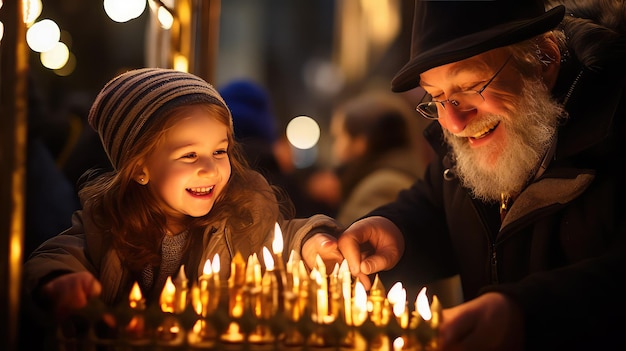 Senior Jewish man with his granddaughter burning candles in the church