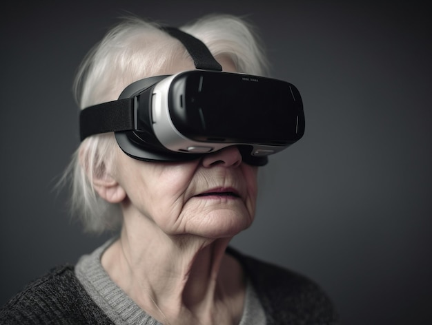 Senior lady experiencing metaverse with VR goggles on isolated dark background aigenerated artwork