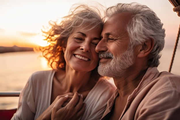 Senior Latino Couple in Love on Yacht at Sunset AI Generative