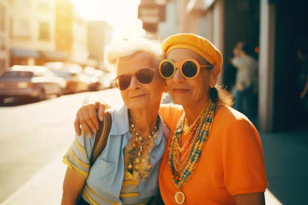 A senior lesbian couple smiling and celebrating their love during Pride month Generative AI